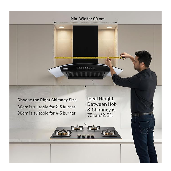 Glen Hood RICA 90 Curved Glass Kitchen Chimney | 1500 m³/hr Suction | BLDC Motor | Filterless Thermal Auto Clean | Touch & Gesture Control |1 Year Comprehensive Warranty & 7 Year on Motor| Black - Image 2