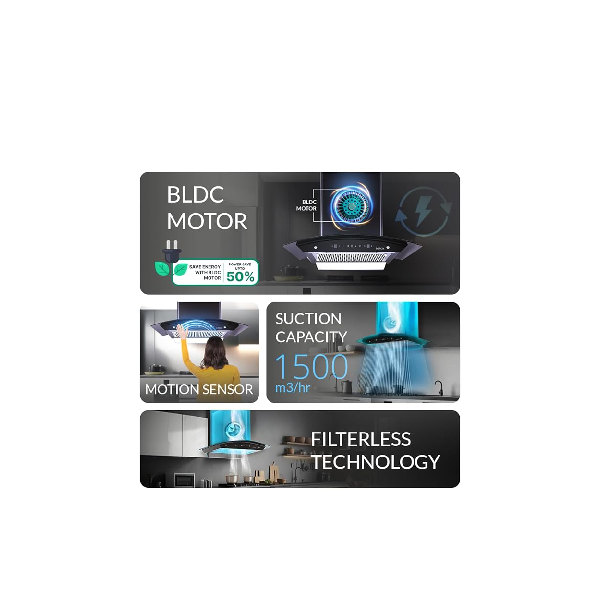Elica 60cm 1500 m3/hr BLDC Filterless Autoclean Kitchen Chimney with 15 Years Motor & 5 Years Comprehensive Warranty | WDFL 600 BLDC HAC LTW MS NERO | Black | Touch + Motion Sensor Control - Image 3