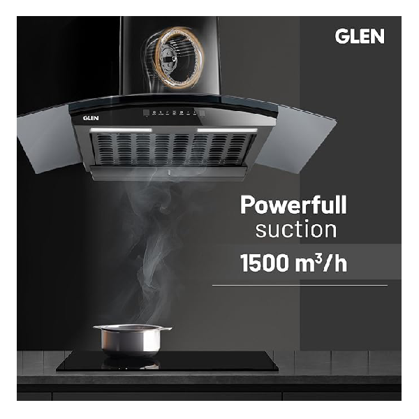 Glen Hood RICA 90 Curved Glass Kitchen Chimney | 1500 m³/hr Suction | BLDC Motor | Filterless Thermal Auto Clean | Touch & Gesture Control |1 Year Comprehensive Warranty & 7 Year on Motor| Black - Image 3