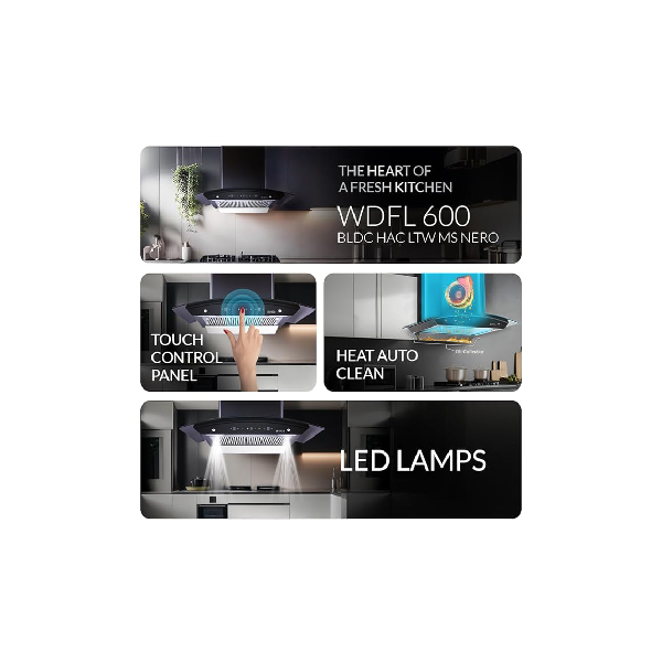 Elica 60cm 1500 m3/hr BLDC Filterless Autoclean Kitchen Chimney with 15 Years Motor & 5 Years Comprehensive Warranty | WDFL 600 BLDC HAC LTW MS NERO | Black | Touch + Motion Sensor Control - Image 4