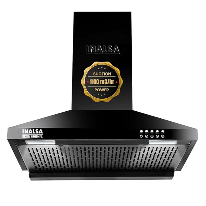INALSA Pyramid Shape Wall Mount Kitchen Chimney 60 cm|1100 m³/hr Powerful Suction|58 dB Low Noise|Filterless Chimney|Push Button Control|Black Powder Coated Finish|5 Years Motor Warranty|Ekon 60BKFL
