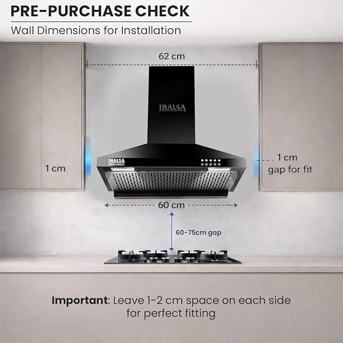 INALSA Pyramid Shape Wall Mount Kitchen Chimney 60 cm|1100 m³/hr Powerful Suction|58 dB Low Noise|Filterless Chimney|Push Button Control|Black Powder Coated Finish|5 Years Motor Warranty|Ekon 60BKFL - Image 3