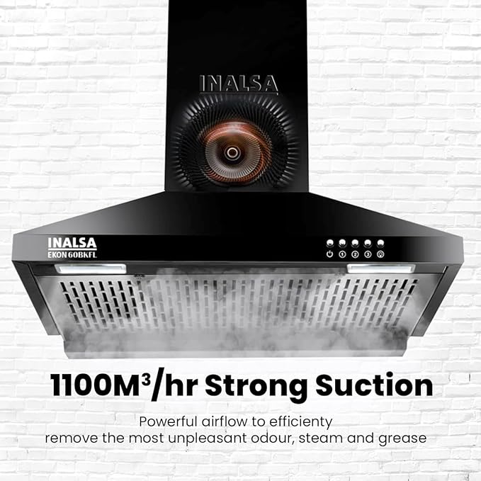 INALSA Pyramid Shape Wall Mount Kitchen Chimney 60 cm|1100 m³/hr Powerful Suction|58 dB Low Noise|Filterless Chimney|Push Button Control|Black Powder Coated Finish|5 Years Motor Warranty|Ekon 60BKFL - Image 4