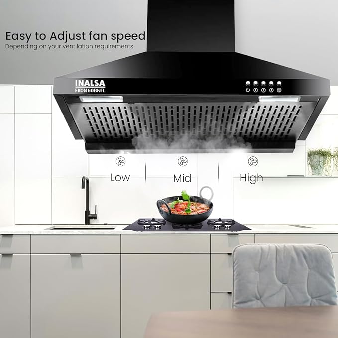 INALSA Pyramid Shape Wall Mount Kitchen Chimney 60 cm|1100 m³/hr Powerful Suction|58 dB Low Noise|Filterless Chimney|Push Button Control|Black Powder Coated Finish|5 Years Motor Warranty|Ekon 60BKFL - Image 5