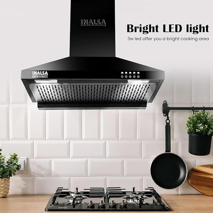 INALSA Pyramid Shape Wall Mount Kitchen Chimney 60 cm|1100 m³/hr Powerful Suction|58 dB Low Noise|Filterless Chimney|Push Button Control|Black Powder Coated Finish|5 Years Motor Warranty|Ekon 60BKFL - Image 6
