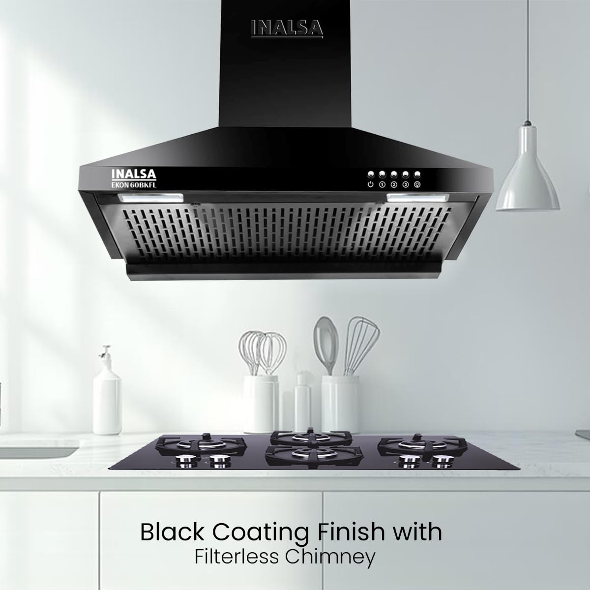 INALSA Pyramid Shape Wall Mount Kitchen Chimney 60 cm|1100 m³/hr Powerful Suction|58 dB Low Noise|Filterless Chimney|Push Button Control|Black Powder Coated Finish|5 Years Motor Warranty|Ekon 60BKFL - Image 8