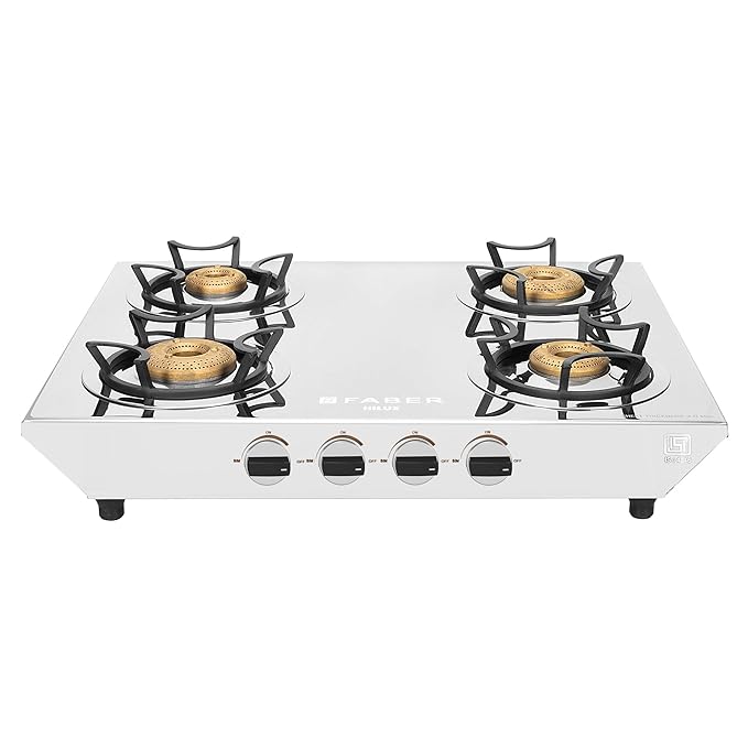 Faber high efficiency 4 Brass Burner with stainless steel top, ISI Certified gas stove, Manual Ignition,For LPG use only (Cooktop Hilux Max 4BB SS) 5 years warranty on burners & valve