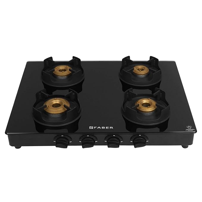 Faber Gas Stove 4 Burner Glass Cooktop (Onyx 4BB BK) Manual Ignition, Black