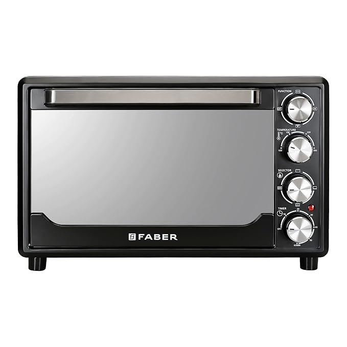 Faber 34L Double Glazed 1600W OTG|Bake, Toast, Roast, Grill|6 Functions, Upper & Lower Heating, Rotisserie, 360° Convection,Crumb Tray, Double Glaze Glass|Bake Plate, Pizza Plate, Silicon Gloves|Black
